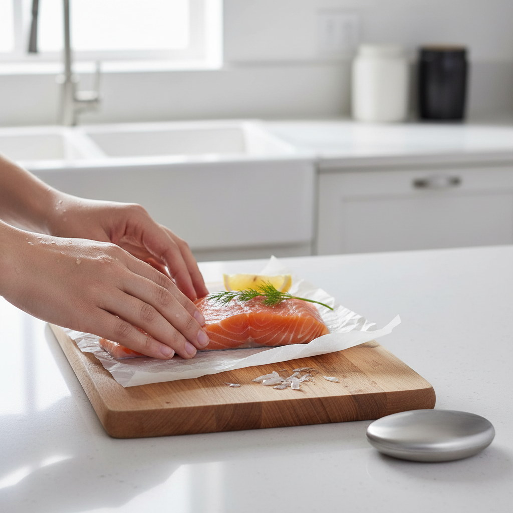 Hands after preparing fish with stainless steel soap nearby